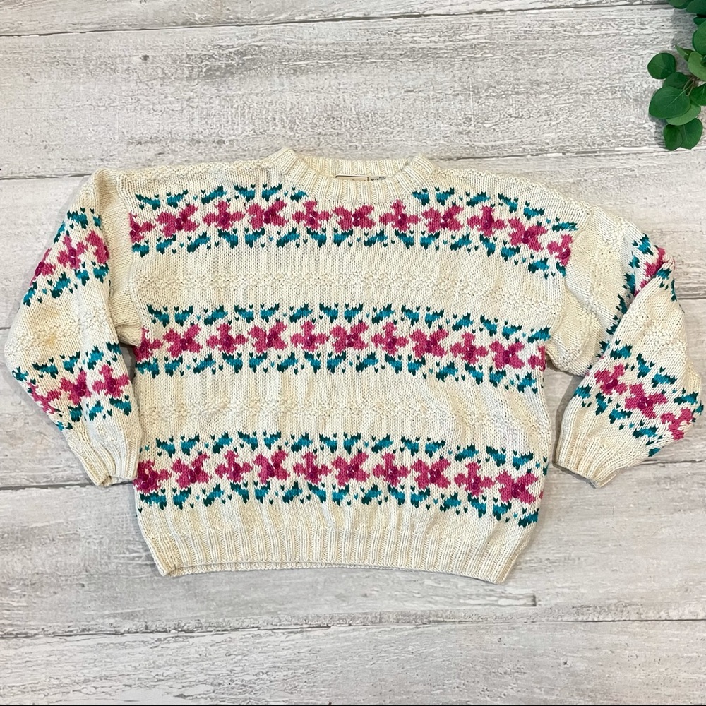 L.L. Bean Cream Crewneck Sweater with Pink and Teal Floral Fair Isle - Picture 7 of 9